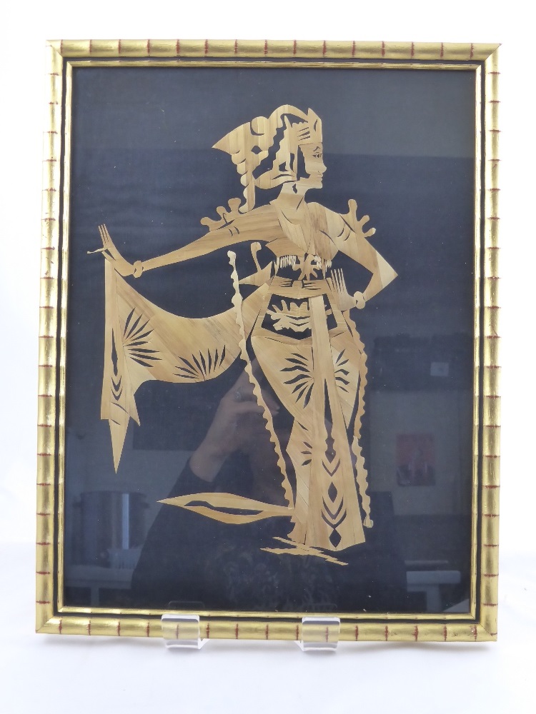Five Thai Bamboo Silhouettes, depicting Rice Farmers and Dancing Girls, framed and glazed.