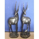 A Pair of Ebonised Carvings of Gazelle, one feeding a calf, 94 cms high. (waf). together with An