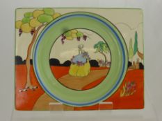Clarice Cliff Hand Painted Rectangular Fruit Plate,  with central round indentation depicting a lady