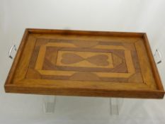 A Treenware Tray made of several different woods with metal handles, approx 49 x 34 cms. .