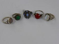 A Miscellaneous Collection of Silver Rings including two moonstone, synthetic opal, and chrysoprase,