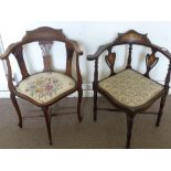 A Pair of Edwardian Inlaid Corner Bedroom Chairs.