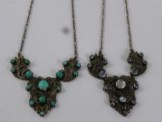 Two Sterling Silver Vintage Marquisite Necklace Pendants, one set with turquoise the other