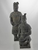 Two Pottery Figures of the Terracotta Army, approx 38 and 30 cms high together with a hard stone Dog