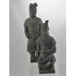 Two Pottery Figures of the Terracotta Army, approx 38 and 30 cms high together with a hard stone Dog