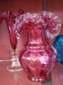 Two Ruby Glass Vases, with crimped edges, both 21.5 cms high together with two black and white