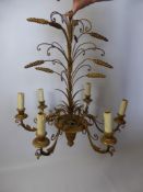 Antique Gilded Metal Six Branch Chandelier, the chandelier of decorative design with wheat sheaf