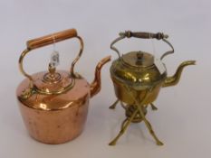 An Antique Copper Fireside Kettle, together with a brass spirit kettle and stand. (2)