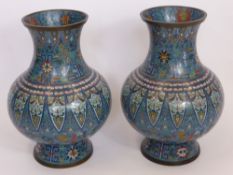 A Pair of 19th Century Cloisonné Vases, each bulbous vase decorated to the body with open floral