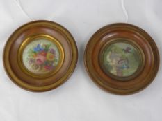 R. Colin, Two Miniatures on Copper in turned oak frames approx 6 cms dia,  depicting a floral