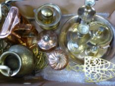 A Box of Copper and Brass, including a J. E. Somerfield trivet, a watering can (WAF), seven brass