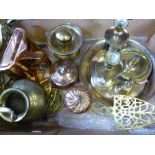 A Box of Copper and Brass, including a J. E. Somerfield trivet, a watering can (WAF), seven brass