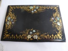 A Victorian Gilded Mother of Pearl Inlaid Black Lacquer Case, approx 15.5 x 23 cms.