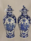 A Pair of Chinese Blue and White Vases, depicting cherry blossom the lids with Fo Dog finial,