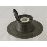 An Antique Pewter Ink Well with the original porcelain liner, a hammered pewter lamp base