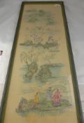 One Chinese Silk Painting Depicting Figures Walking, 35 x 96 cms framed and glazed.
