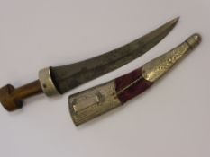 A 19th Century Persian Khanjar, carved horn handle, forged approx 23 cms curved blade with medial
