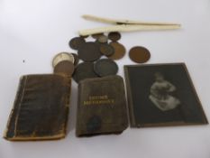 Miscellaneous Items, including bone glove stretchers, thumb dictionary, miniature book of verses "