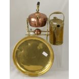 A Victorian Copper and Brass Spirit Kettle with Stand, together with an Edwardian brass watering can