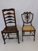 A Ladder Back Hall Chair, with turned legs and stretchers together with a bedroom chair with