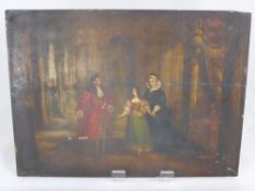 An Antique Oil on Board, depicting a Georgian Court scene, label to verso dd 1829 approx 46 x 34