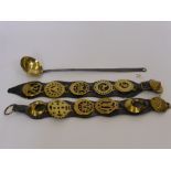 Two Leather Horse Harnesses with five horse brasses to each together with a brass and wrought iron