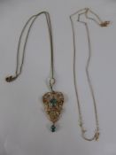 A Lady's Edwardian Turquoise and Seed Pearl Drop Pendant and Chain, together with one other 9ct