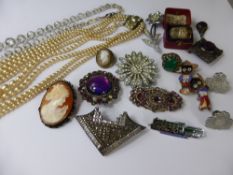 Miscellaneous Costume Jewellery, including a Cameo, Marquesite, Georgian Silver Crown, Silver