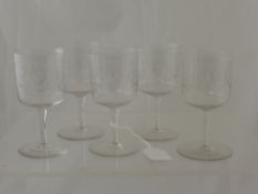 Five Victorian Wine Glasses, with swag and floral etching.