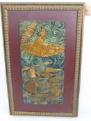 A Unique Hand Pressed Copper Panel, depicting a fisherman and his catch, approx 86 x 42 cms.