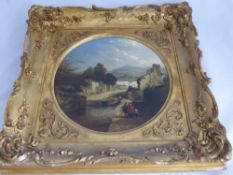 An Oil on Canvas depicting a Continental scene in circular gilt frame, label to verso, approx 34.5