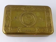 A Brass Christmas 1914 Chocolate Box, together with a Coronation tin box. (2)