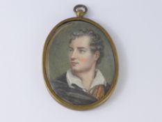 A 19th Century Miniature portrait of Lord Byron, on ivory.