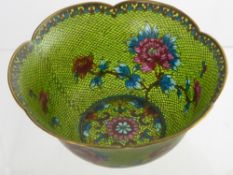 A Clear Apple Green Chinese Cloisonne Work Bowl, the bowl in the form of a flower having