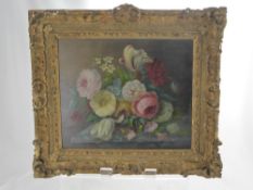 A Continental Antique Still Life Painting of Flowers, on board with gilt frame, approx 29 x 24 cms.
