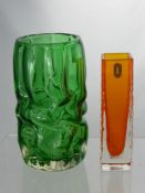 Two Glass Vases, including a White Friars bark finish pillar vase and a green moulded glass vase. (