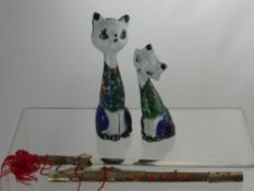 Two Chinese Cloisonné Figures of Cats, 14 and 12 cms, together with a silver metal miniature