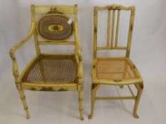 Two Antique Cream Chinoserie Salon Chairs, one carver having decoration to top, front and central