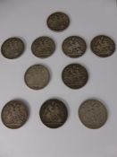 Ten Silver Victorian Crown Coins, including 1 x 1887, 4 x 1889, 3 x 1891 and 2 x 1890.
