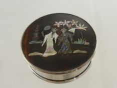A Silver and Tortoiseshell and Abalone Pill Box,  Birmingham hallmark, m.m dated 1907, L & S, the