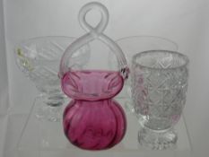 Quantity of Glass, including a Victorian Cranberry ribbon handled vase, a cut glass Webb vase