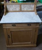 A Bleached Pine Wash Stand, marble top and tiled splash back with brass towel rail to side, approx