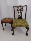 A Single 'Chippendale Style' Dining Chair, together with a mahogany stool with tapestry seat.