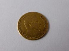 A Solid Gold French Napoleon III Five Franc Coin, dated 1860.