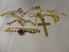 A 9 ct Gold Cross, together with two chains and a 9 ct seed pearl brooch together with a
