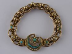A 9ct Yellow Gold, Turquoise and Seed Pearl Russian Bracelet, the piece having an expanding double