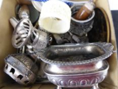 A Box of Miscellaneous Items, including pencils, scent bottle, silver fruit knives, coins etc.