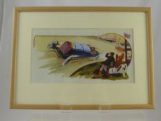 Six Vintage Advertising Prints of Motor Racing, framed and glazed.