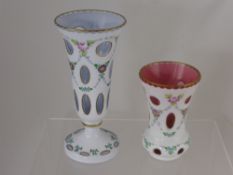 Two Bohemian Over Glaze Glass Vases hand painted with floral sprays. (2)