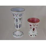 Two Bohemian Over Glaze Glass Vases hand painted with floral sprays. (2)